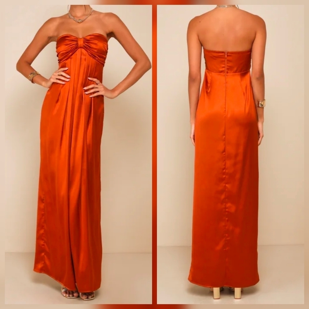 Lulus 2X Memorable Entrance Rust Orange Strapless Satin Maxi Dress, Size 2X